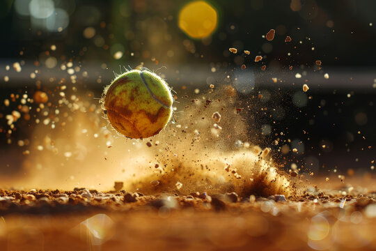 Close-up of a tennis ball creating a dramatic spray of clay particles as it bounces on the court. Generative AI