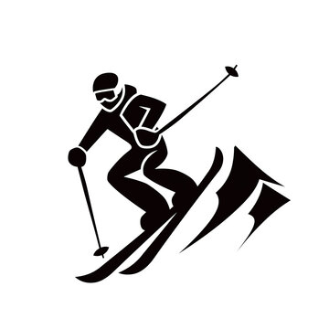 Beautifyl dynamic sports icon of a person skiing in the mountains, nice symbol of winter ski resort vacations, a person on skis having fun on ski run down the moutain slope, transparent image