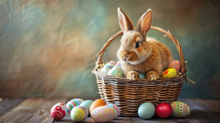 Whimsical Easter Scene, Bunny in Basket with Vibrant Eggs