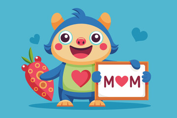 Obraz na płótnie Canvas cute cartoon mascot holding billboard I love mom vector art illustration
