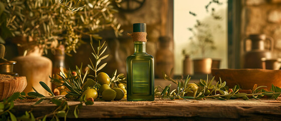 A bottle of olive oil sits on a table next to a bunch of olives - Powered by Adobe