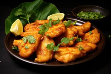 Bite-sized pieces of light fish Fry until golden and crispy. Topped with fragrant garlic and pepper sauce. Garnished with coriander leaves, it's delicious, spicy, and easy to eat