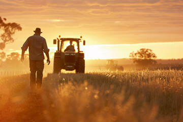Obraz premium Early Riser, Farmer Walking to Tractor