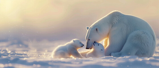 Tender moment as polar bear cuddles her cubs in a snowy arctic embrace at dawn. - obrazy, fototapety, plakaty