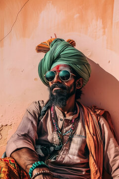 A relaxed Indian man exudes bohemian style, reclining in traditional attire with a vivid green turban and reflective sunglasses. Generative AI