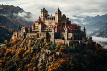 Castle atop mountain in stunning natural landscape - obrazy, fototapety, plakaty