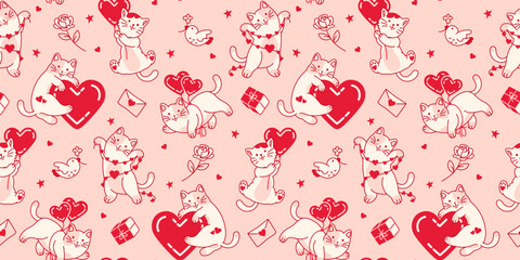 Lovely pink seamless wallpaper with cute cats and hearts. Funny girly background. Gift wrapping paper, fabric, backdrop.