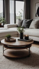 White sofa complemented by a round wood coffee table, embodying the simplicity and charm of Scandinavian home interior design in a modern living room.