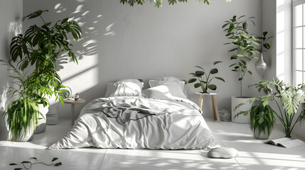 A bedroom filled with natural morning light creating a calming oasis with numerous houseplants around