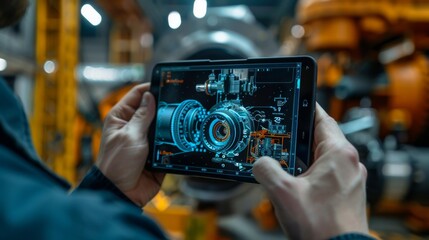 Engineer interacts with a sophisticated digital interface to analyze and manage complex industrial machinery operations.