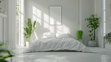 Spacious minimalist bedroom featuring a large comfortable bed and a variety of houseplants, emphasizing comfort and fresh appeal