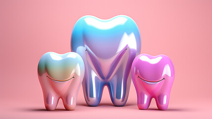 3d render of a group of teeth with smiley faces on pink background , Generate AI