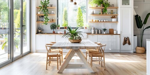 Modern, bright kitchen interior with a wooden table and plants.
