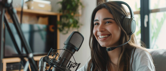 An aspiring podcaster radiates joy during a recording session at home.