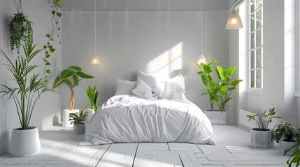 A spacious, well-lit bedroom with pure white bedding and a collection of house plants exudes simplicity