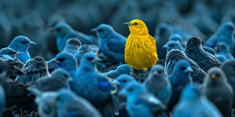 A single yellow bird among a flock of blue birds. - obrazy, fototapety, plakaty