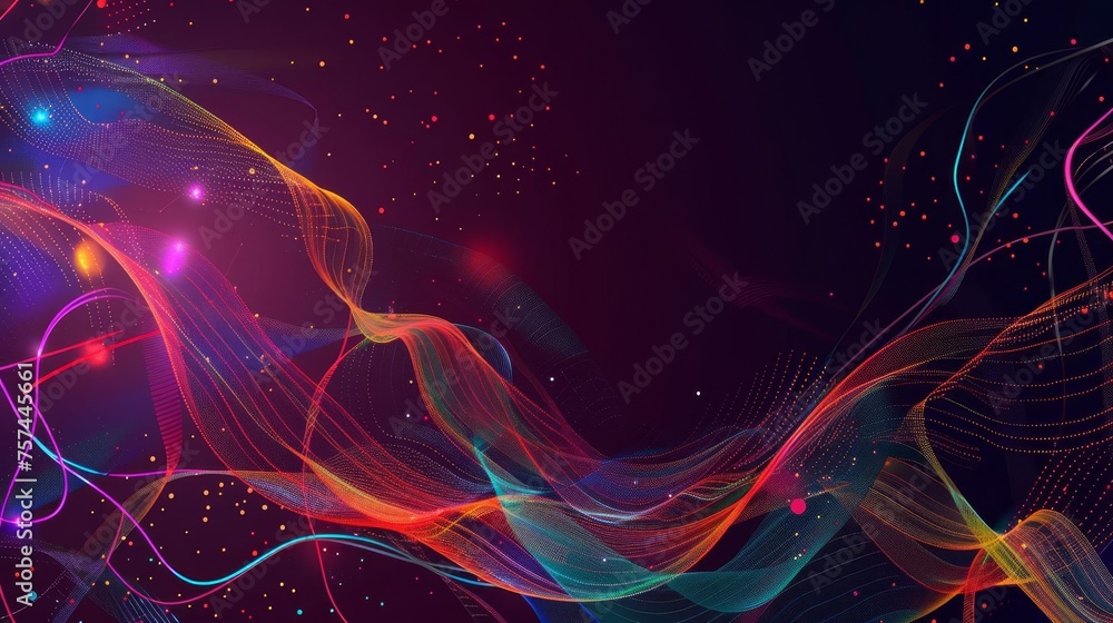 Poster abstract design with colorful lines and dots on a dark background, evoking trends in digital art and