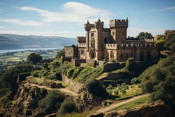 Castle atop hill surrounded by nature, overlooking city below - obrazy, fototapety, plakaty