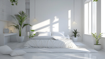 A modern bedroom design enriched with natural light casting shadows on the bed, surrounded by vibrant houseplants