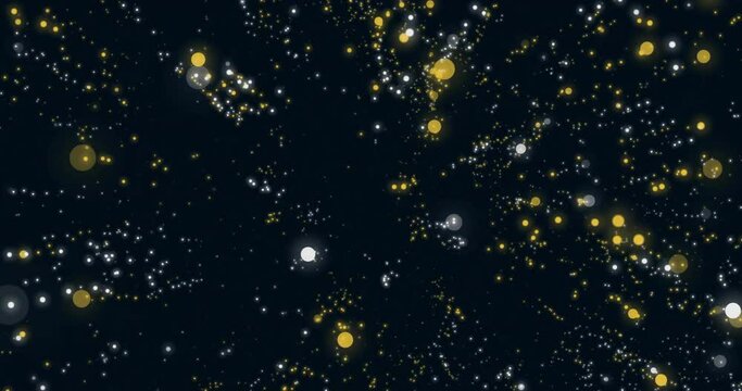 Animation of multiplying white and yellow light spots advancing on black background