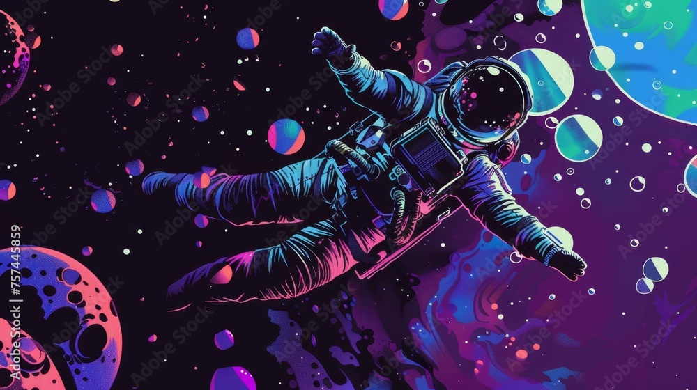 Poster Astronaut exploring a vibrant, bubble-filled galaxy, representing the boundless possibilities and wonder of space exploration in a pop art style