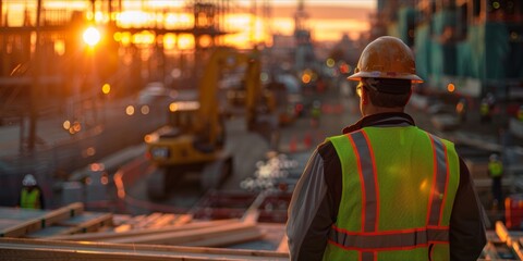 Construction supervisor overlooking a site at sunset