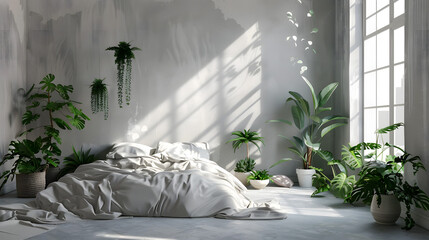 A serene bedroom filled with lush green plants and soft shadows from the morning light