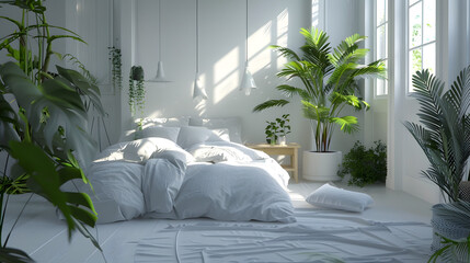 Light-filled bedroom with white linen and a variety of green houseplants creating a fresh feel