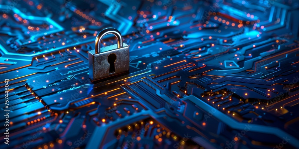 Poster cybersecurity concept with a padlock on a digital circuit board