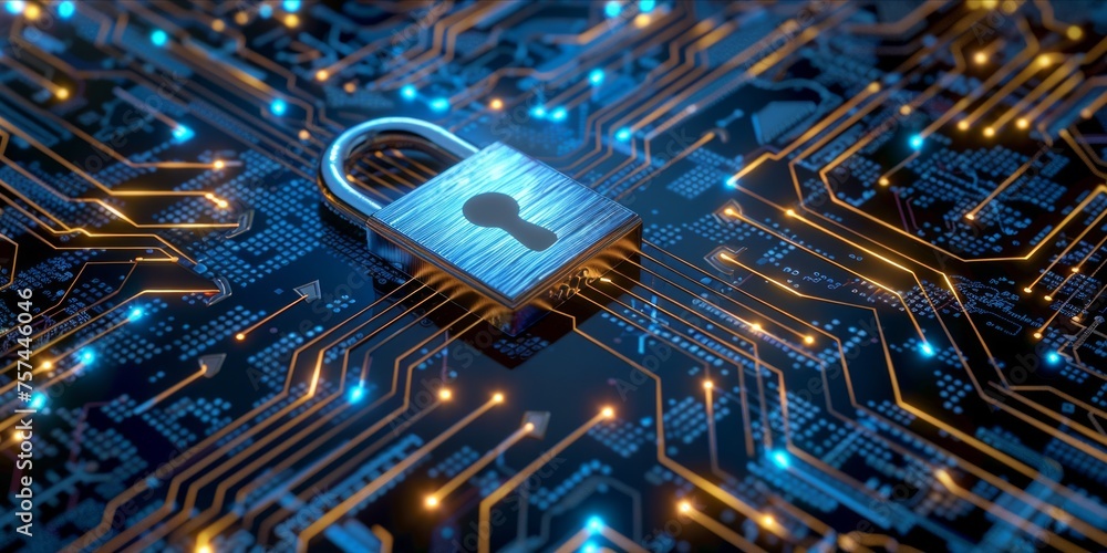 Poster cybersecurity concept with a padlock on a digital circuit board
