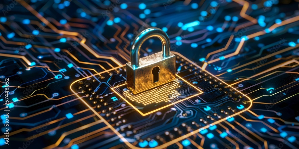 Poster cybersecurity concept with a padlock on a digital circuit board