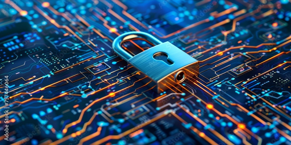 Poster cybersecurity concept with a padlock on a digital circuit board