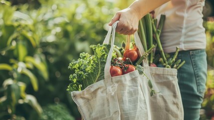 Close-up of a hand holding an eco-friendly shopping bag filled with fresh produce, promoting sustainable living and local farming