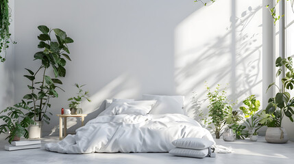 Spacious white bedroom accented with refreshing green plants and natural sunlight