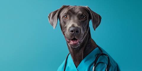 Dog as a doctor. Vet clinic and healthcare for pets, creative background. Taking care of dogs, cats and other pets in professional veterinary center.