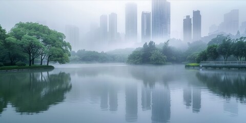 Misty city park with skyline in the background