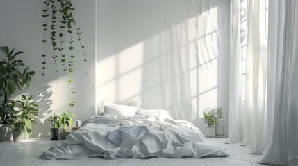 A refreshing white bedroom with crisp sunlight shining through, surrounded by vibrant green plants for a natural feel
