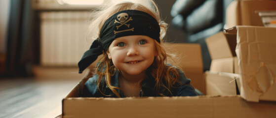 A child in pirate attire playing imaginative games inside a cardboard box.