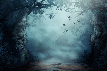 Mystical forest pathway with fog and flying birds, evoking an eerie yet enchanting mood. Concept of book covers, fantasy artwork, atmospheric background, storytelling visuals - obrazy, fototapety, plakaty