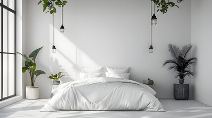 A minimalistic bedroom with high contrast that features elegant plant additions for a touch of nature