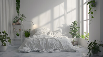 A serene bedroom setting showcasing a comfortable bed, fresh greenery, and the play of sunlight through the windows