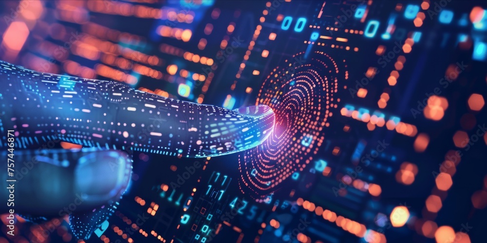 Poster person using biometric fingerprint security on digital interface