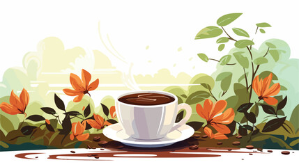 Cup of coffee against spring vegetation flat vector