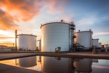 Petrochemical plant oil tanks at sunset, industrial background