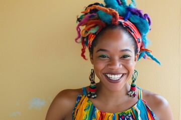 Smiling woman with colorful hair and African attire