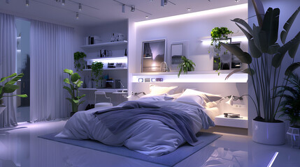 An elegant bedroom exhibiting purple lighting that gives off a luxurious and modern vibe at night
