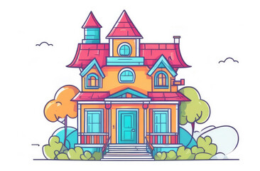 colorful flat illustration of cozy house and garden around it in pleasant neighborhood