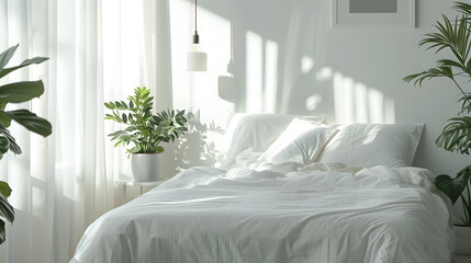 A light-flooded bedroom with sheer white drapes and green plants creating a fresh and airy atmosphere