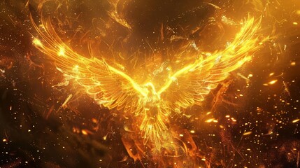 majestic phoenix rising from the ashes, with fiery wings and a golden aura, mythical creature digital painting - obrazy, fototapety, plakaty
