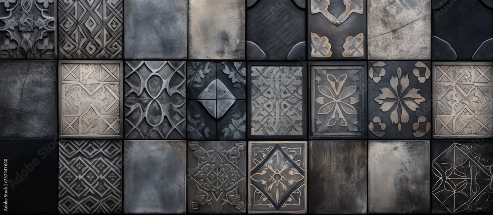 Poster the facade of the building displays a variety of patterns on the grey tiles, including rectangles an